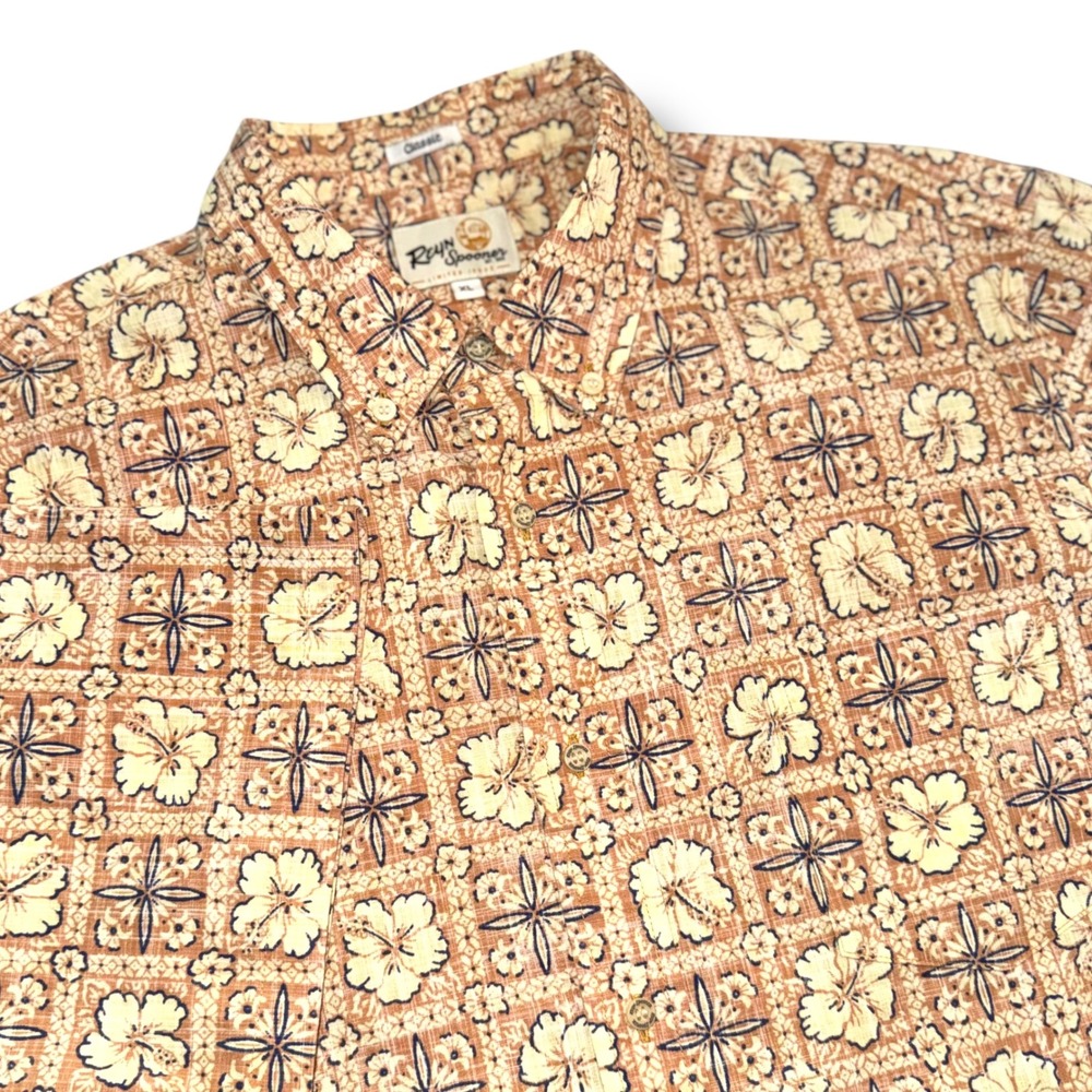 Reyn Spooner Classic Mens XL Tan Floral Short Sleeve Button Down Hawaiian‎ Shirt